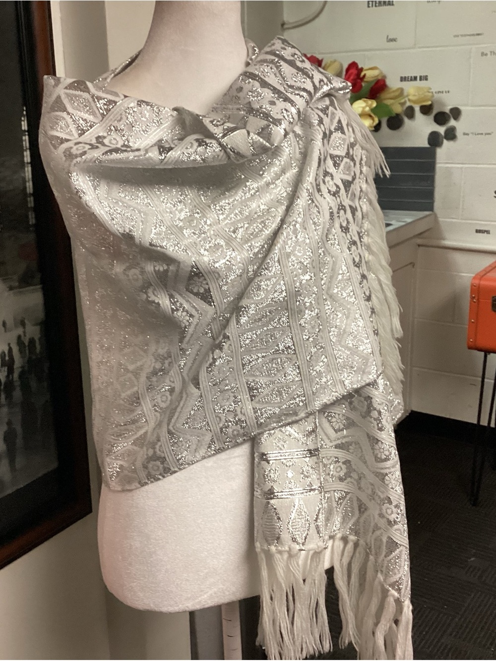 Silver Embellished Fringe Shawl Wrap - Elegant Home Accent